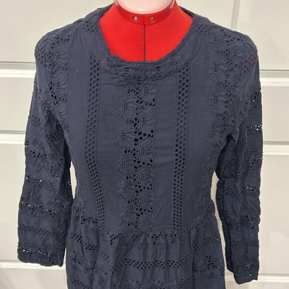 Roolee Navy Blue Long Sleeve Cotton Eyelet Fit Flare Modest Dress Size Medium - Picture 2 of 8